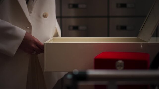 Hand Taking Red Jewelry Box and Placing It into Safe Deposit Box