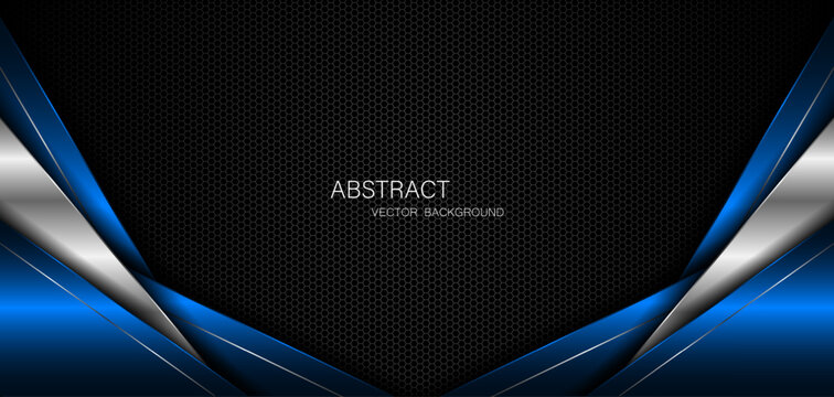 Abstract blue and silver polygons on dark steel mesh background. with free space for design. modern technology innovation concept background