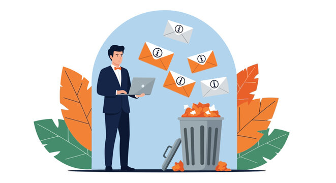 Email management and junk mail filtering concept with businessman working on laptop while unwanted messages are thrown into trash bin for productivity.