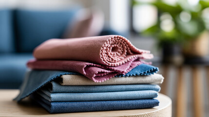 Naklejka premium Dusty pink and azure blue upholstery fabric samples arranged together, interior design sofa renovation concept, home decor material catalog, professional upholstery project, with