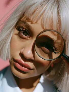 Short haired blonde woman framed by a round magnifying glass shadow. Modern beauty video for editorial fashion campaigns.