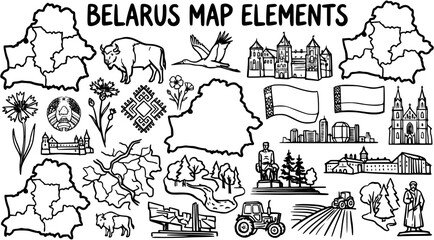 Obraz premium Belarus Map Elements Line Art Collection: Black and White Doodle Icons of Belarusian Culture, Landmarks, Nature, and Symbols for Travel and Geography Design