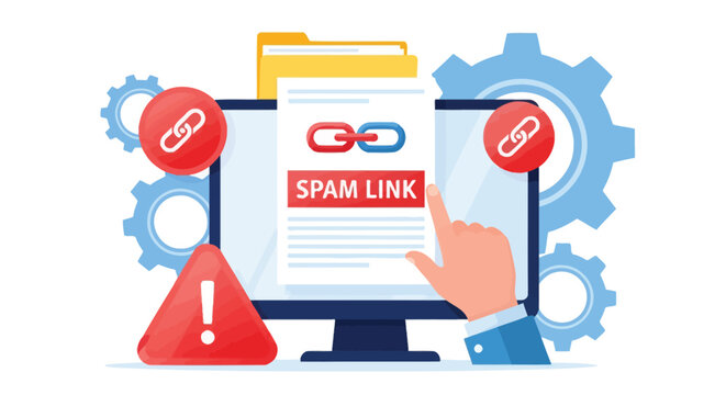Spam link warning icon illustration digital cybersecurity alert concept showing malicious website phishing attempts displayed on computer screen flat vector graphic.