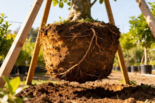 Tree with exposed roots and wooden support