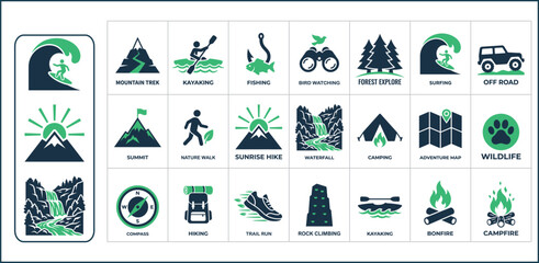 Outdoor Adventure and Nature Icons Set Including Hiking Camping Surfing and Wildlife Vector © Md Hafijul