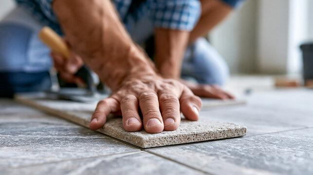 Close-up of hands installing tiles on a floor against a grey background, professional tiling, home renovation process, flooring installation, faceless, with copy space
