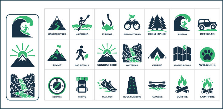 Outdoor Adventure and Nature Icons Set Including Hiking Camping Surfing and Wildlife Vector