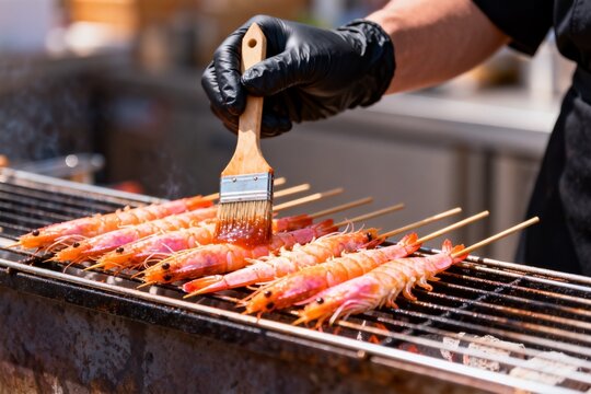 Person grilling shrimp skewers