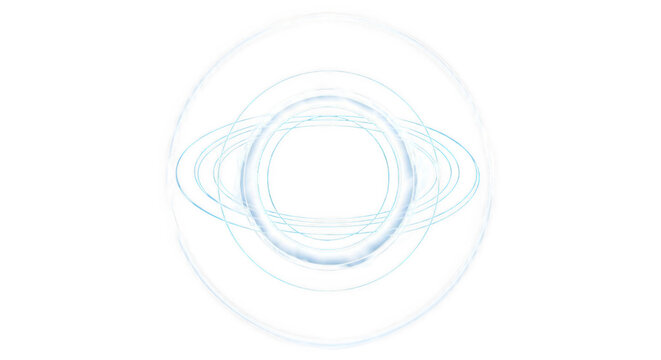 Glowing white circular ring structure with concentric orbital lines and a central dark void, isolated on a solid black background