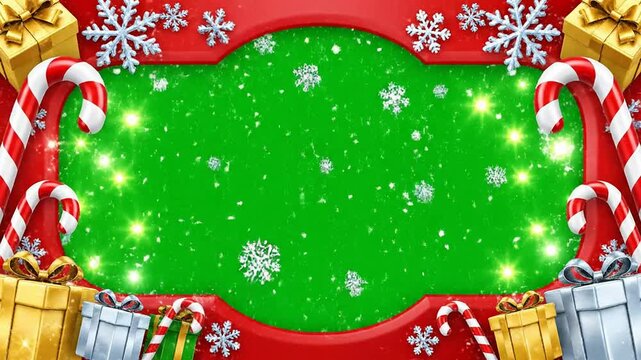 Festive Green Screen Background With Christmas Decorations Featuring Candy Canes, Snowflakes, And Wrapped Gifts Ideal For Holiday Projects