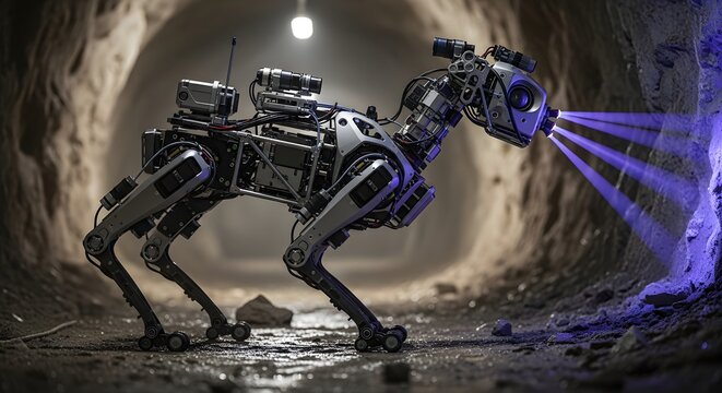 Advanced quadruped robot with glowing blue accents explores dark underground tunnel with dramatic lighting and atmospheric fog