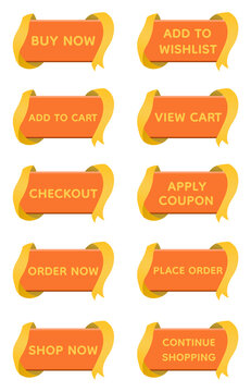 Luxury Orange Yellow Ribbon E Commerce Button Collection with Golden Curved Ribbon Frame, Modern Shopping UI Interface Elements, Buy Now Checkout Add to Cart Web Buttons Set On Transparent Background 