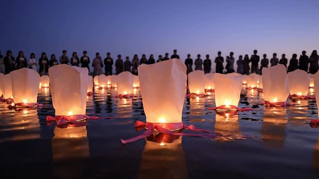 Floating Lanterns Illuminating Water at Dusk with Gathered Audience in a Serene Celebration of Hope and Remembrance