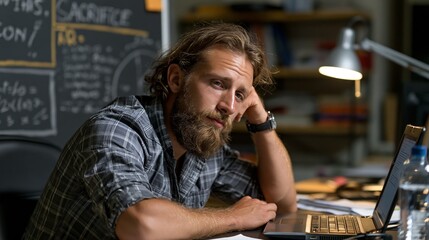 Fototapeta premium Tired man with beard resting head on hand while working late on laptop