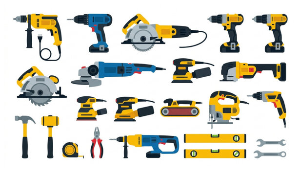 Electric power tools collection flat vector illustration isolated construction equipment design