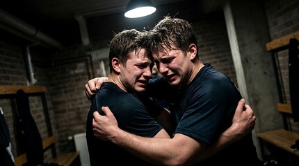 Obraz premium Two emotional athletes embracing and crying in locker room after defeat