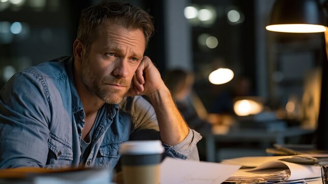 Man looking tired and stressed while working late at his desk with coffee