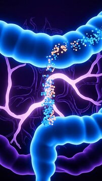 Futuristic Digital Illustration of Synaptic Connections in the Nervous System Emphasizing Neurotransmitter Movement and Vibrant Sci-Fi Aesthetics
