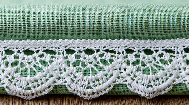 Linen fabric with lace trim in light green, craft project or home decor accessory material, delicate textile detail, with copy space