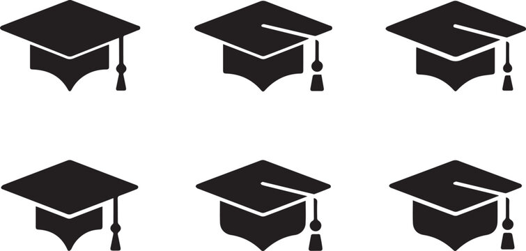 Six black graduation caps arranged in a grid pattern with education