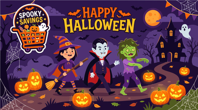Happy Halloween greeting banner with cute spooky cartoon characters kids in costumes with spooky savings 