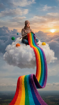 A girl sits on a fluffy white cloud high in the sky and knits a long rainbow scarf.