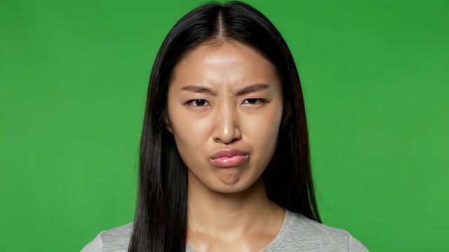 Young Asian woman with a displeased and disgusted facial expression on a green screen background.
