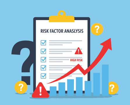Business risk factor analysis concept with clipboard showing checklist and rising bar chart with red arrow and warning symbols over blue background area.