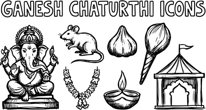 Ganesh Chaturthi Festival Icons in Black and White Line Art Style. Hand-drawn religious symbols: Lord Ganesha, mouse, modak, diya, temple, and garland illustrations.
