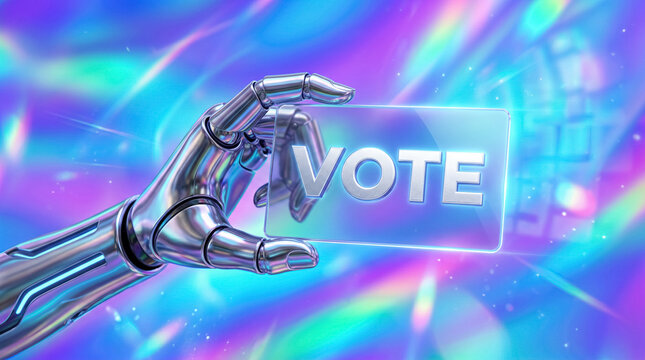 Robotic hand holding vote card in y2k style, AI election technology and digital democracy concept. 