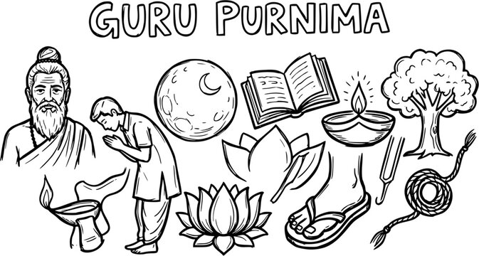 Guru Purnima Festival Black  White Line Art: Hand-drawn Illustration with Sage, Disciple, and Hindu Religious Symbols for Cultural and Spiritual Content
