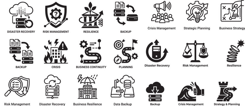 Business continuity icon set. disaster recovery, risk management, resilience, backup, crisis, strategy, planning. solid vector editable icons collection illustration