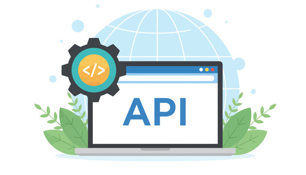 API application programming interface concept with laptop displaying interface, gear icon with code symbol, and global network background.