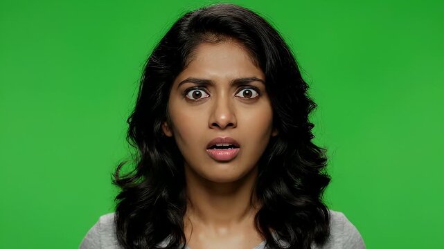Young Indian woman with wide eyes and open mouth showing a shocked or surprised expression on a green screen background.