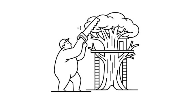Man cutting down treehouse with saw, concept of destruction, bad decision, self-sabotage