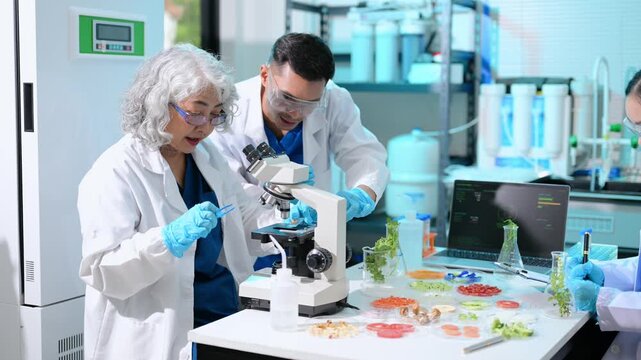Asian scientists collaborating to research cultured meat and plant-based food alternatives using a microscope in a high tech laboratory.