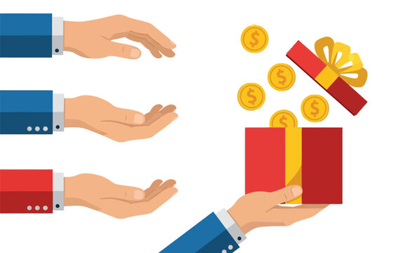 E-commerce and online shopping concept with hands receiving coins from an open gift box, representing cashback or rewards.