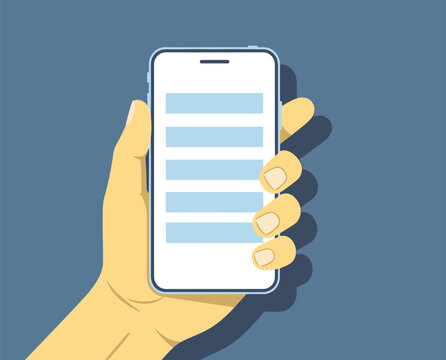 Hand holding smartphone with blank list on screen representing communication technology mobile app browsing online content information access and digital connection.