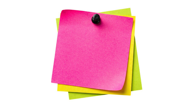 Layered neon pink, yellow, and green square sticky notes with a black pushpin on a transparent background