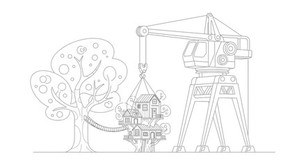 Fototapeta premium Crane building a treehouse, construction, childhood dream, fantasy, whimsical, creative process