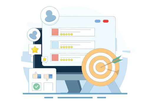 Computer screen displaying online reviews and customer feedback with target icon vector illustration showing positive sentiment analysis and marketing strategy.