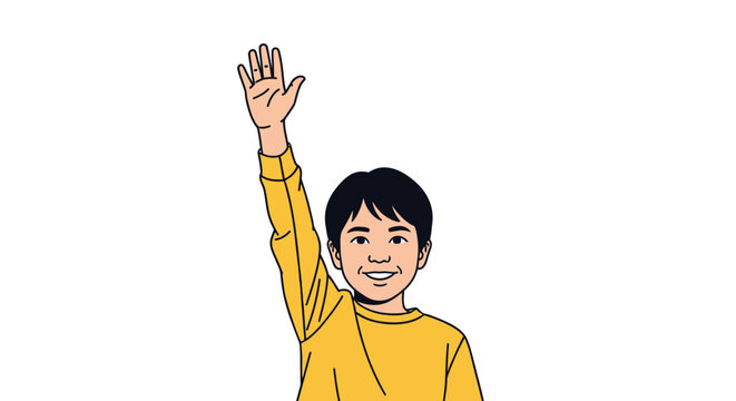 Happy boy raising his hand to answer or volunteer. Vector illustration of a smiling child in a yellow shirt, representing education, participation, and active learning in school.