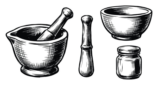 Hand drawn sketches of pharmacy mortar pestle and jar set item