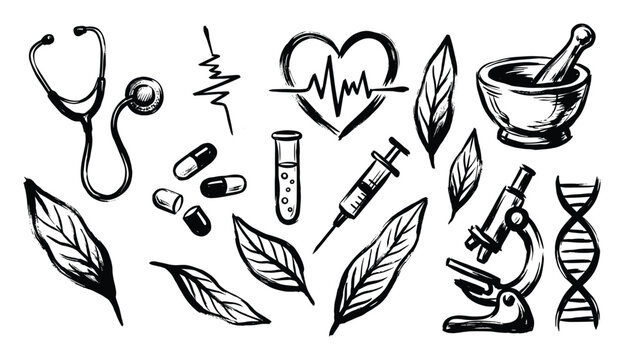Set of medical items on a transparent background in sketch style