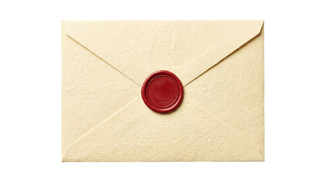 Closed beige textured paper envelope with a red wax seal on a transparent background