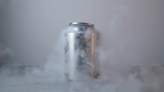 Thick white vapor spills from a stainless steel cryogenic canister, cascading down and spreading across a grey surface in a controlled laboratory setting.