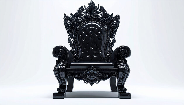 Ornate black throne chair with intricate carvings isolated