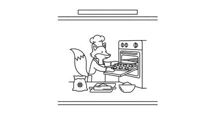 Naklejka premium Cute Fox Chef Baking Cookies in Oven, Whimsical Kitchen Scene
