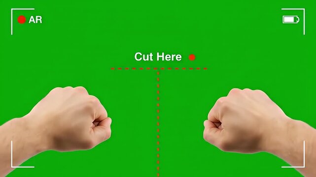 Two clenched fists on a green screen background with a 'Cut Here' editing marker and camera viewfinder overlay, suggesting a split screen or augmented reality concept.