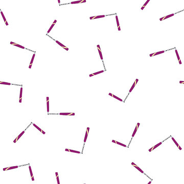 pattern nunchaku showing two purple handles with yellow stripes connected by a metal chain, representing martial arts, kung fu, oriental combat, training, and self defense concepts